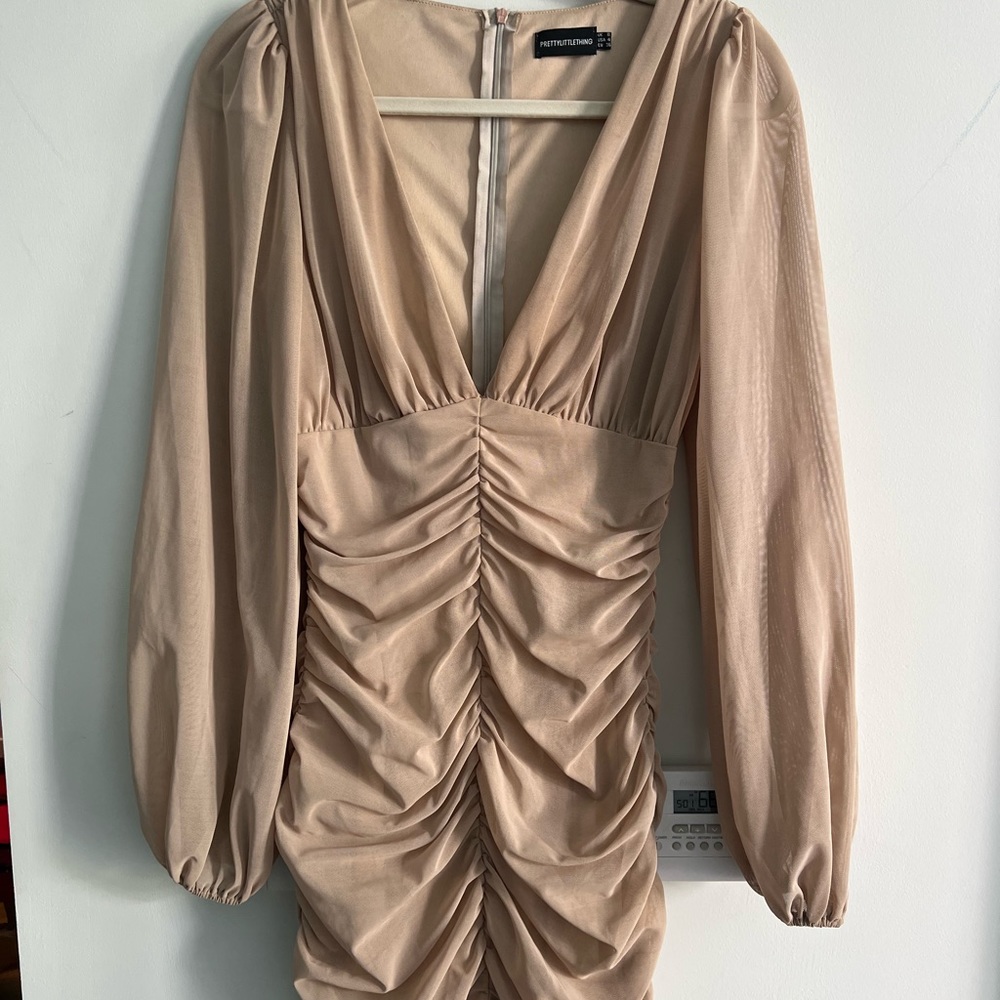 Prettylittlething nude / tan mini dress